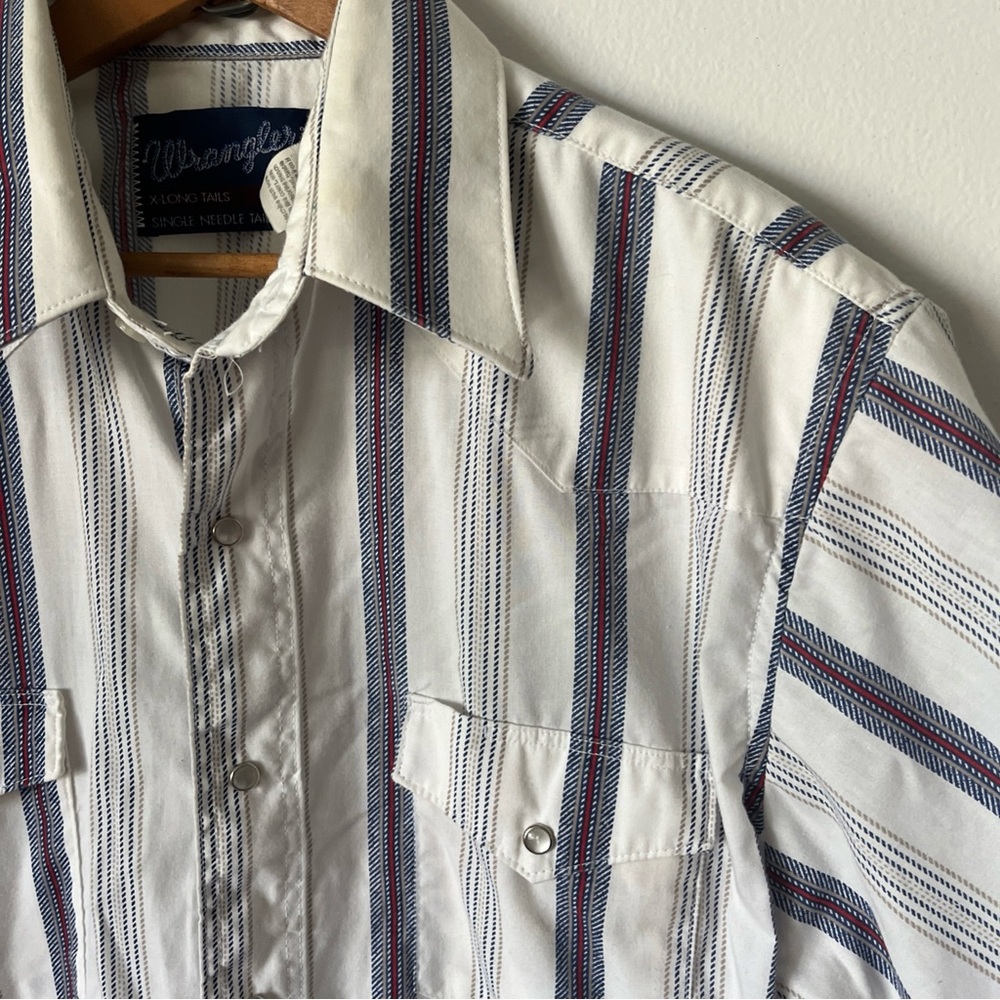 Vintage Wrangler X Long Tails Pearl Snap Button Striped Short sleeve 2 pocket 16 - Picture 2 of 9